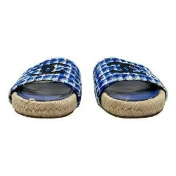 Chanel CC Logo Blue White Tweed Espadrille Flats Mule Sandal Slides - Picture 3 of 5